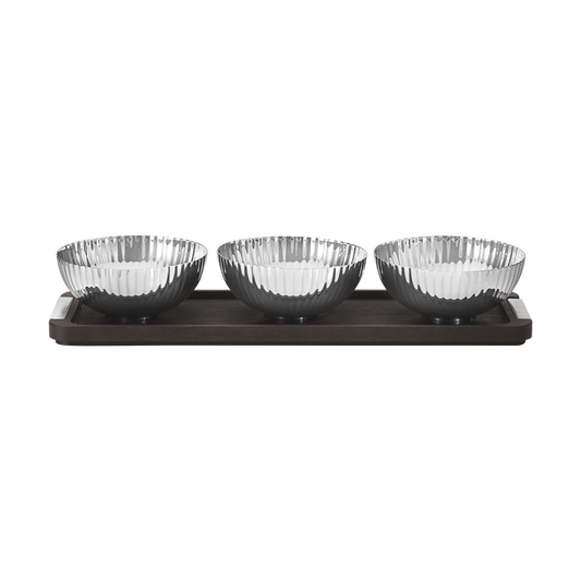BERNADOTTE Triple Bowl Set in Stand Wood Tray, Stainless Steel Handles